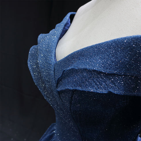Gothic Royal Blue Tulle Ball Gown Wedding Dress - Off-Shoulder Wedding Dress - Corset Back Dress - Strapless Glitter Dress Plus Size